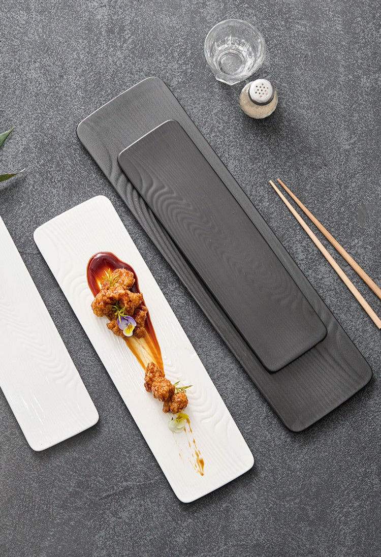 Ceramic Rectangular Sushi & Dessert Plate – Water-Pattern Tray in Black or White, 3 Sizes