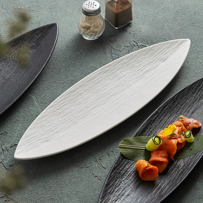 Leaf-Shaped Ceramic Serving Plate – Textured Long Dish for Sushi or Appetizers