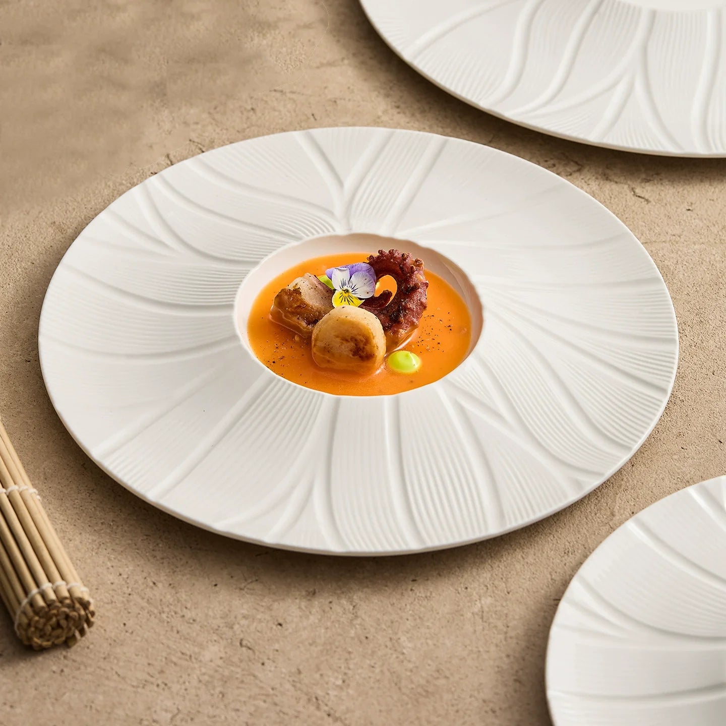 Petalwave Porcelain Plate — Flowing Relief Fine Dining Collection