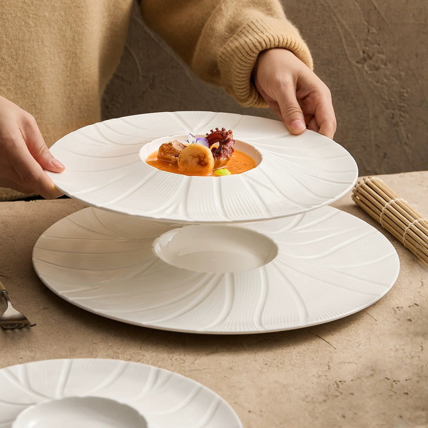 Petalwave Porcelain Plate — Flowing Relief Fine Dining Collection
