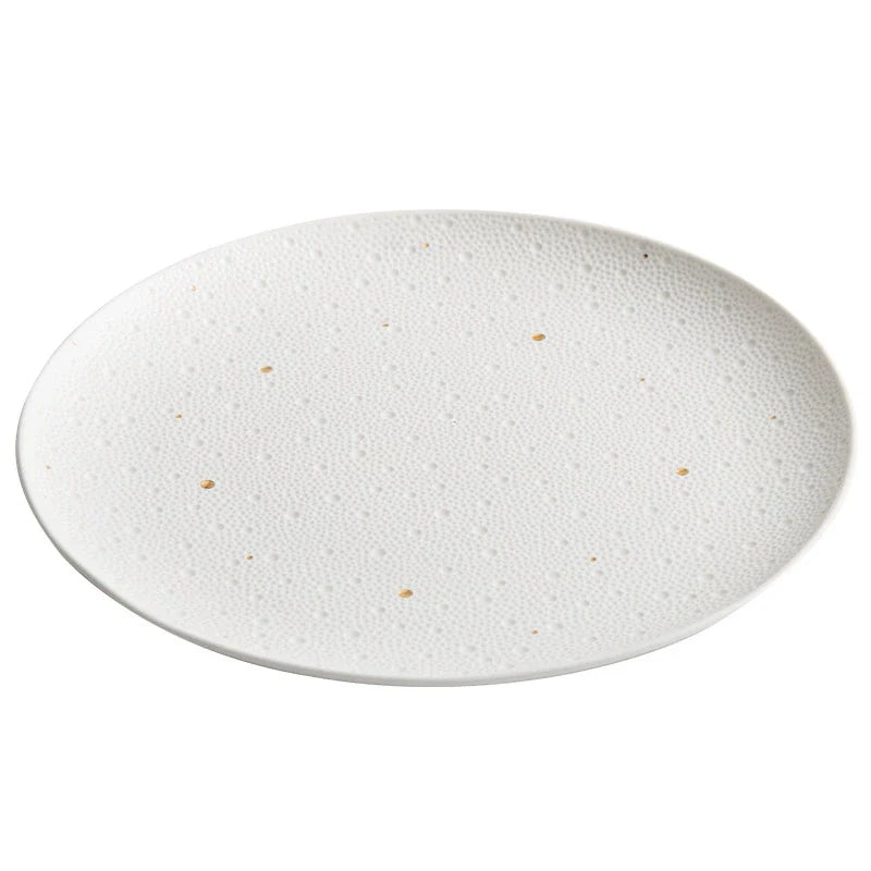 Textured White Porcelain Dinner Plate with Gold Dots – Modern Fine Dining Tableware