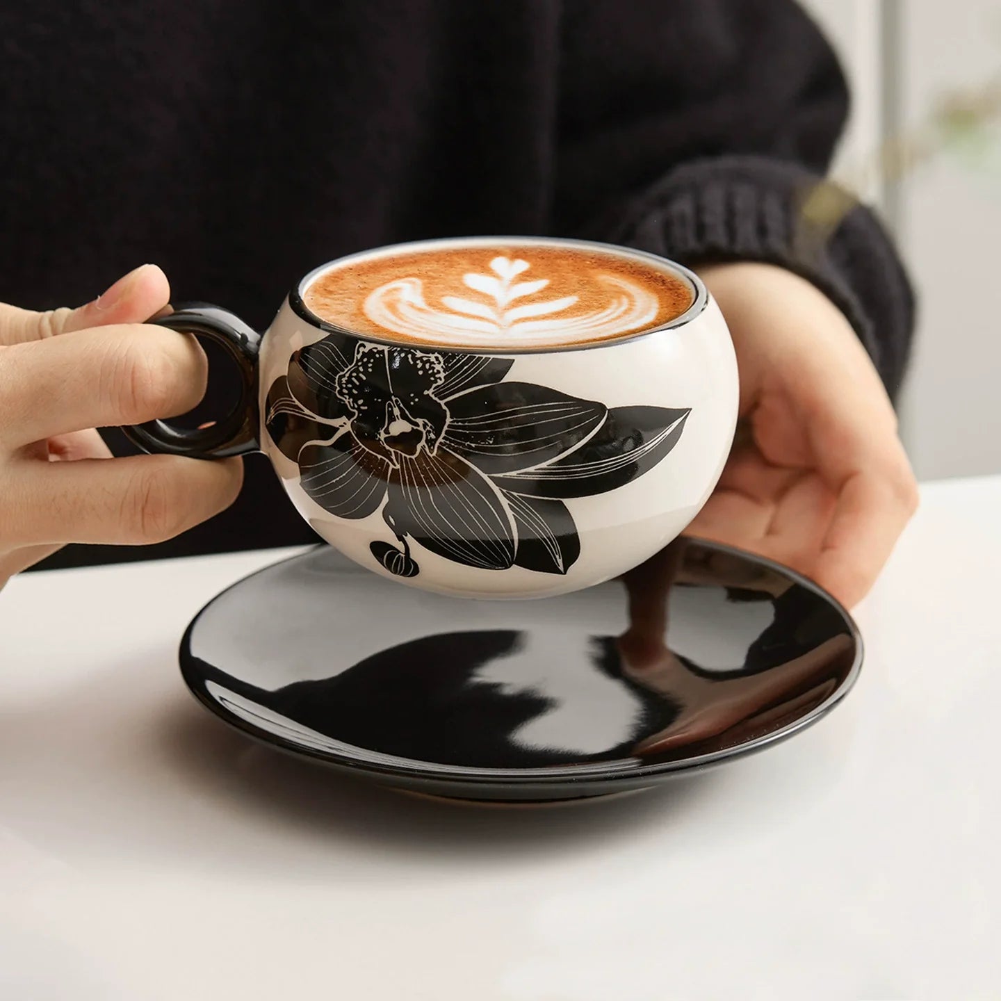 Peony Porcelain Coffee Cup & Saucer Set — Elegance in Black and White