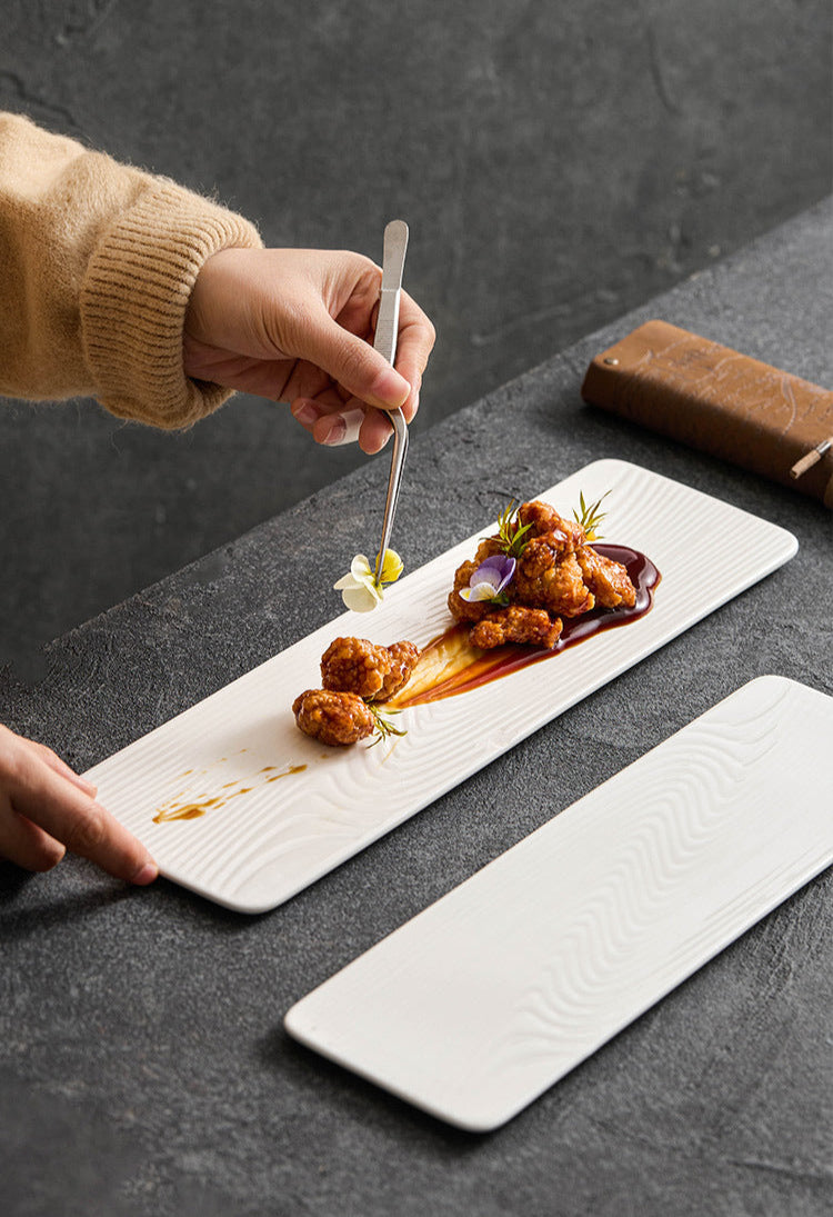 Ceramic Rectangular Sushi & Dessert Plate – Water-Pattern Tray in Black or White, 3 Sizes