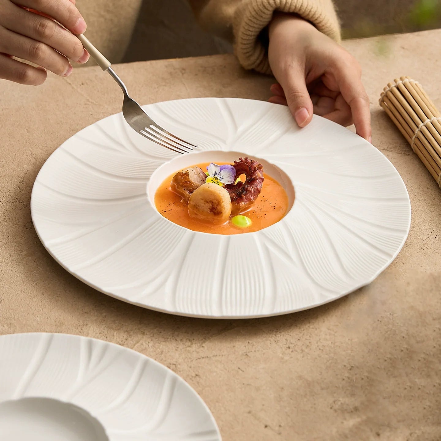 Petalwave Porcelain Plate — Flowing Relief Fine Dining Collection