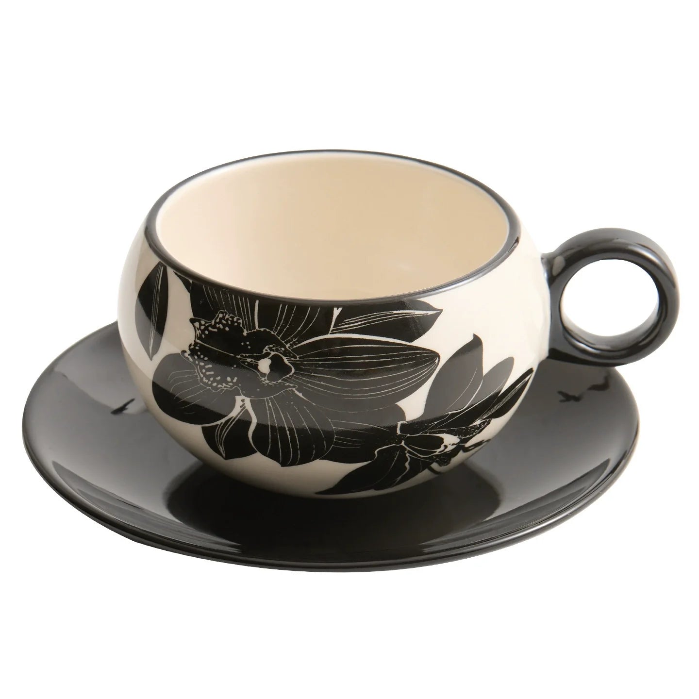 Peony Porcelain Coffee Cup & Saucer Set — Elegance in Black and White
