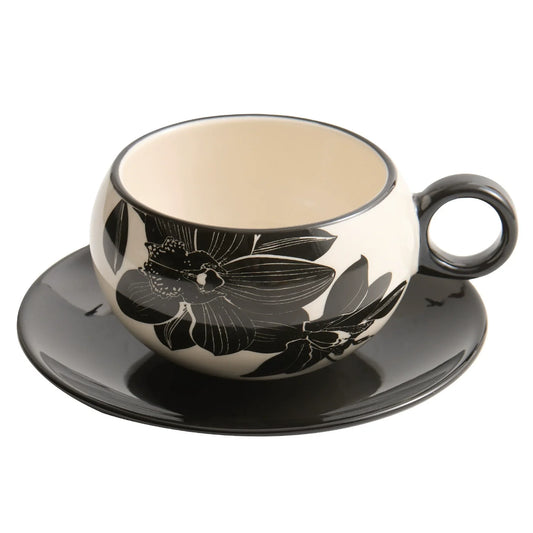 Peony Porcelain Coffee Cup & Saucer Set — Elegance in Black and White