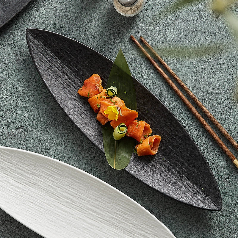 Leaf-Shaped Ceramic Serving Plate – Textured Long Dish for Sushi or Appetizers
