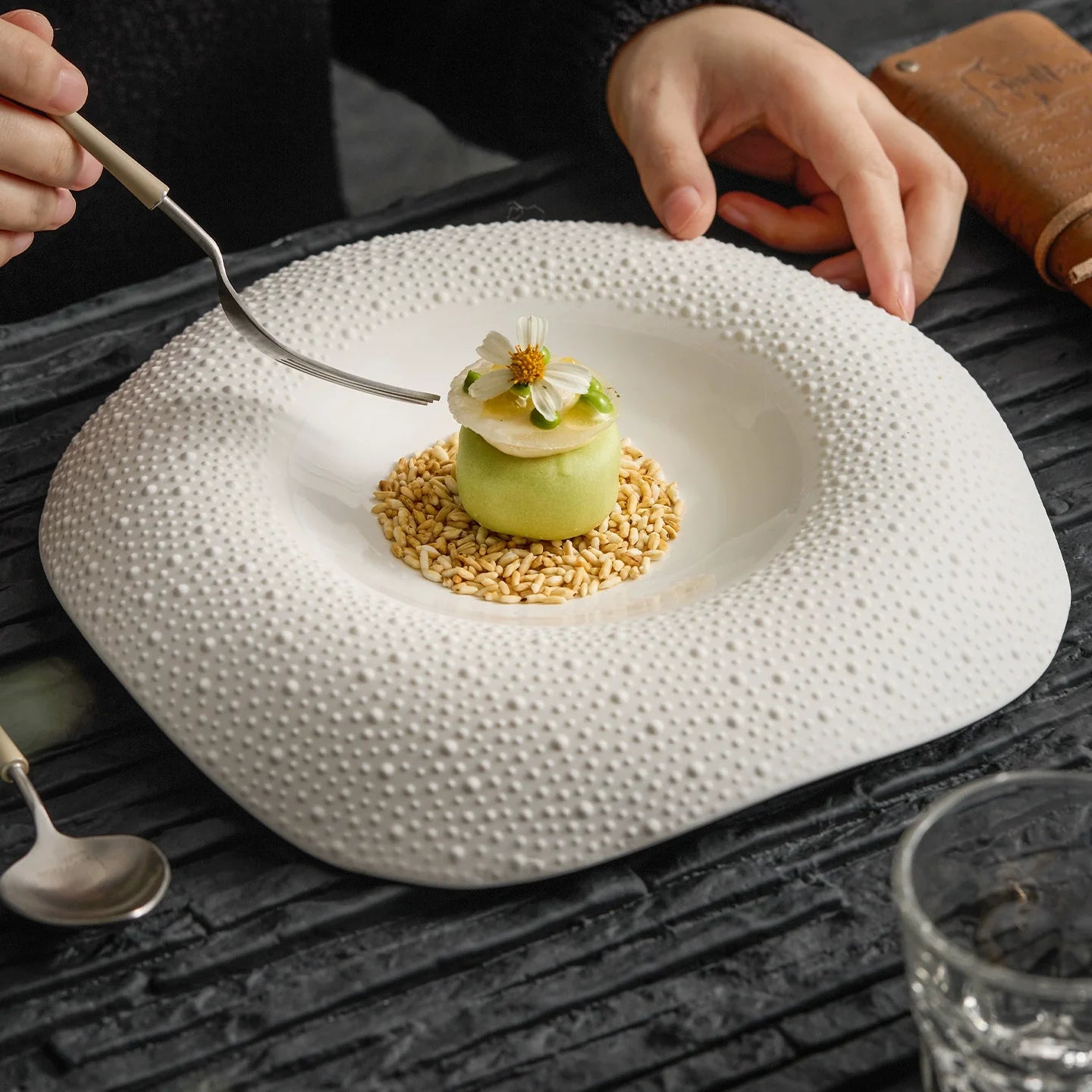 Handcrafted Porcelain Plate with Sesame Grain Texture – Fine Dining Collection