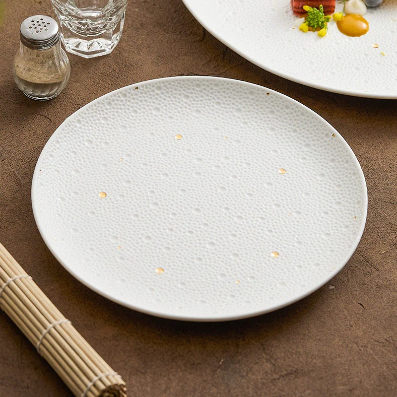 Textured White Porcelain Dinner Plate with Gold Dots – Modern Fine Dining Tableware