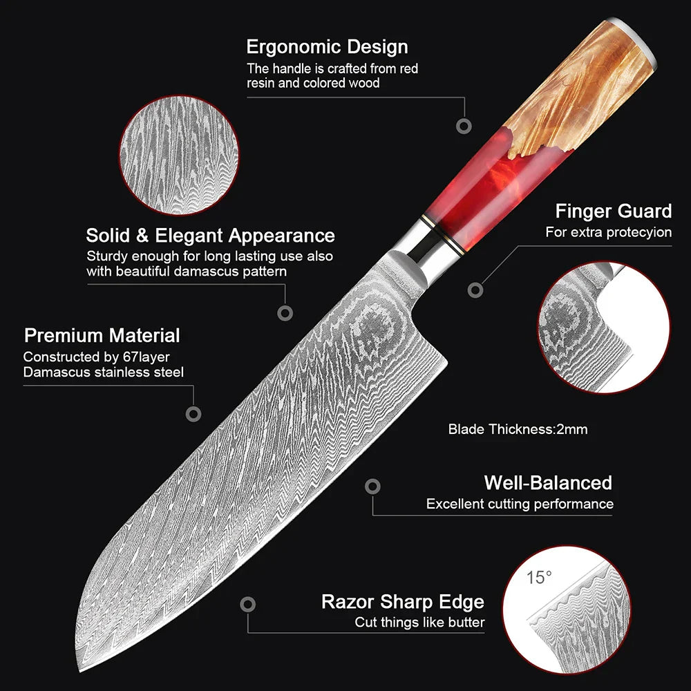 7-Inch VG10 Damascus Steel Chef Knife  Razor Sharp Red