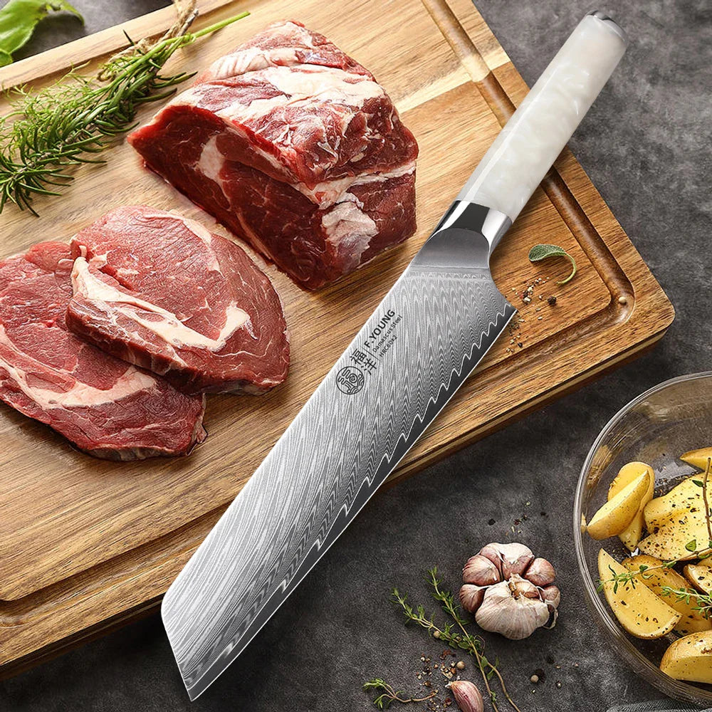 NNEOBA 8.5-Inch Damascus Steel Chef Knife 67-Layer Blade with Resin Handle White