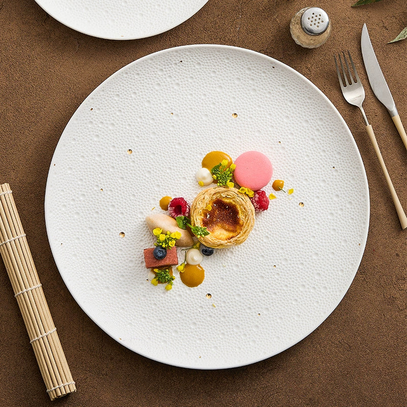Textured White Porcelain Dinner Plate with Gold Dots – Modern Fine Dining Tableware