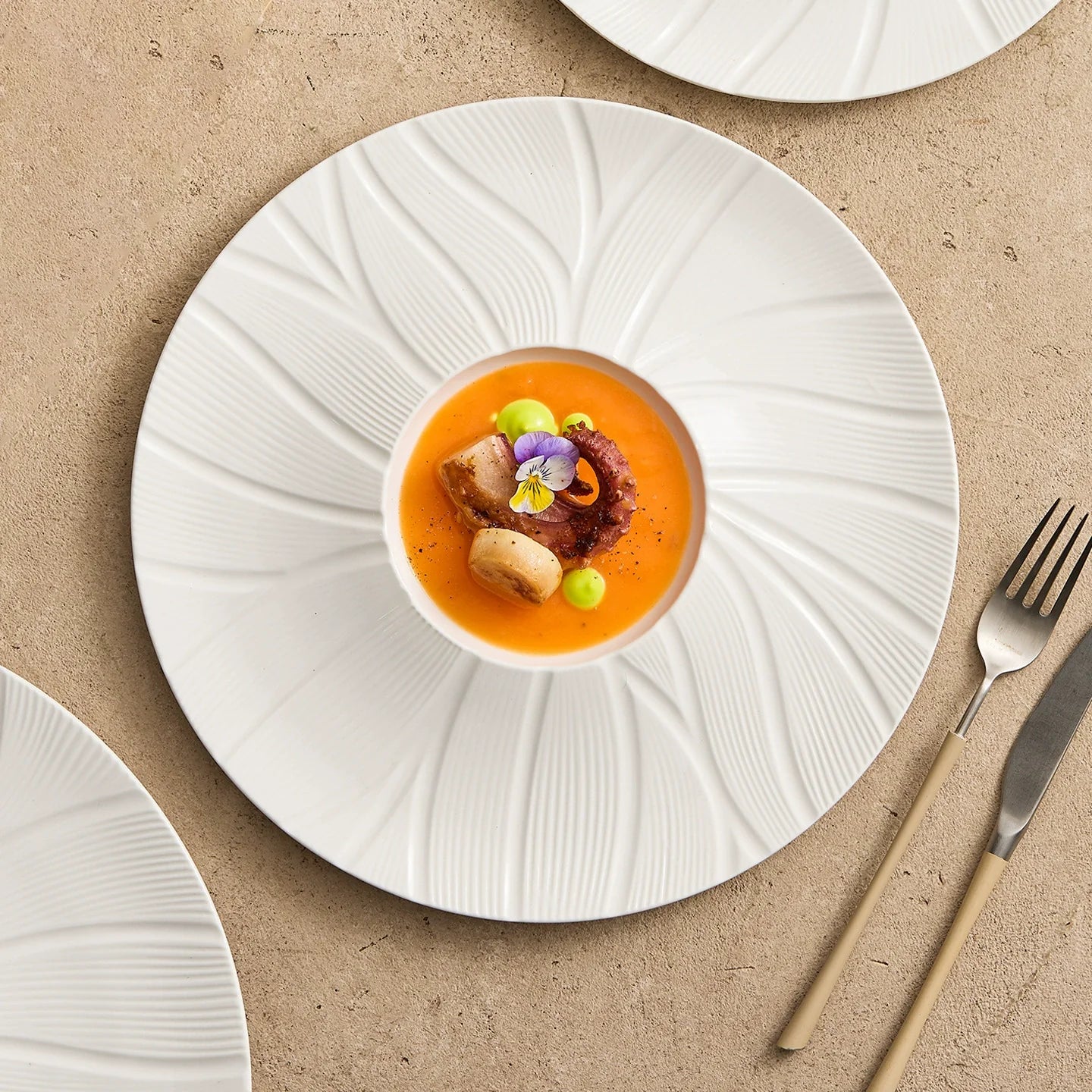 Petalwave Porcelain Plate — Flowing Relief Fine Dining Collection